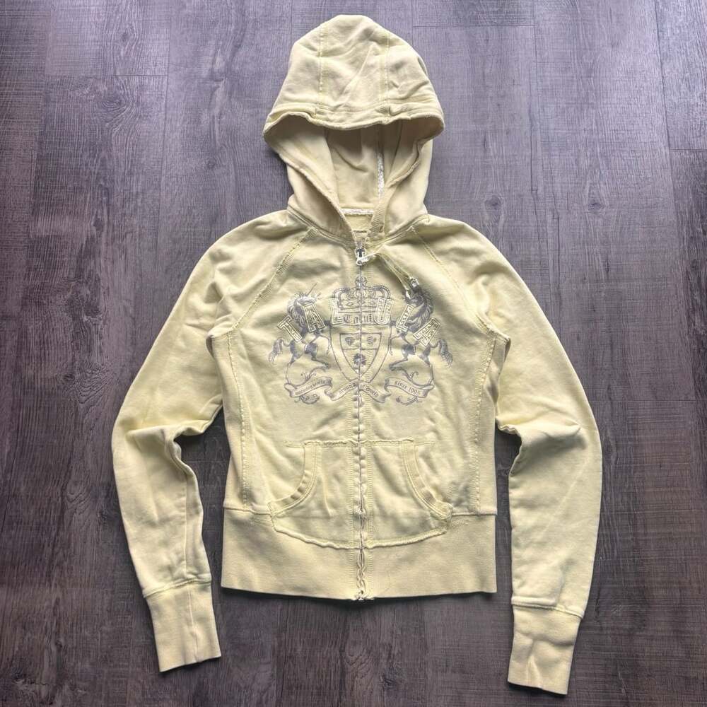 Talula Y2K Crest Graphic Full Zip Hoodie Light Yellow Size S